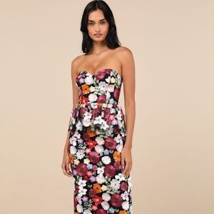 Lulus Fabulous Display Black Multi 3d Floral Strapless Midi Dress - Size XS